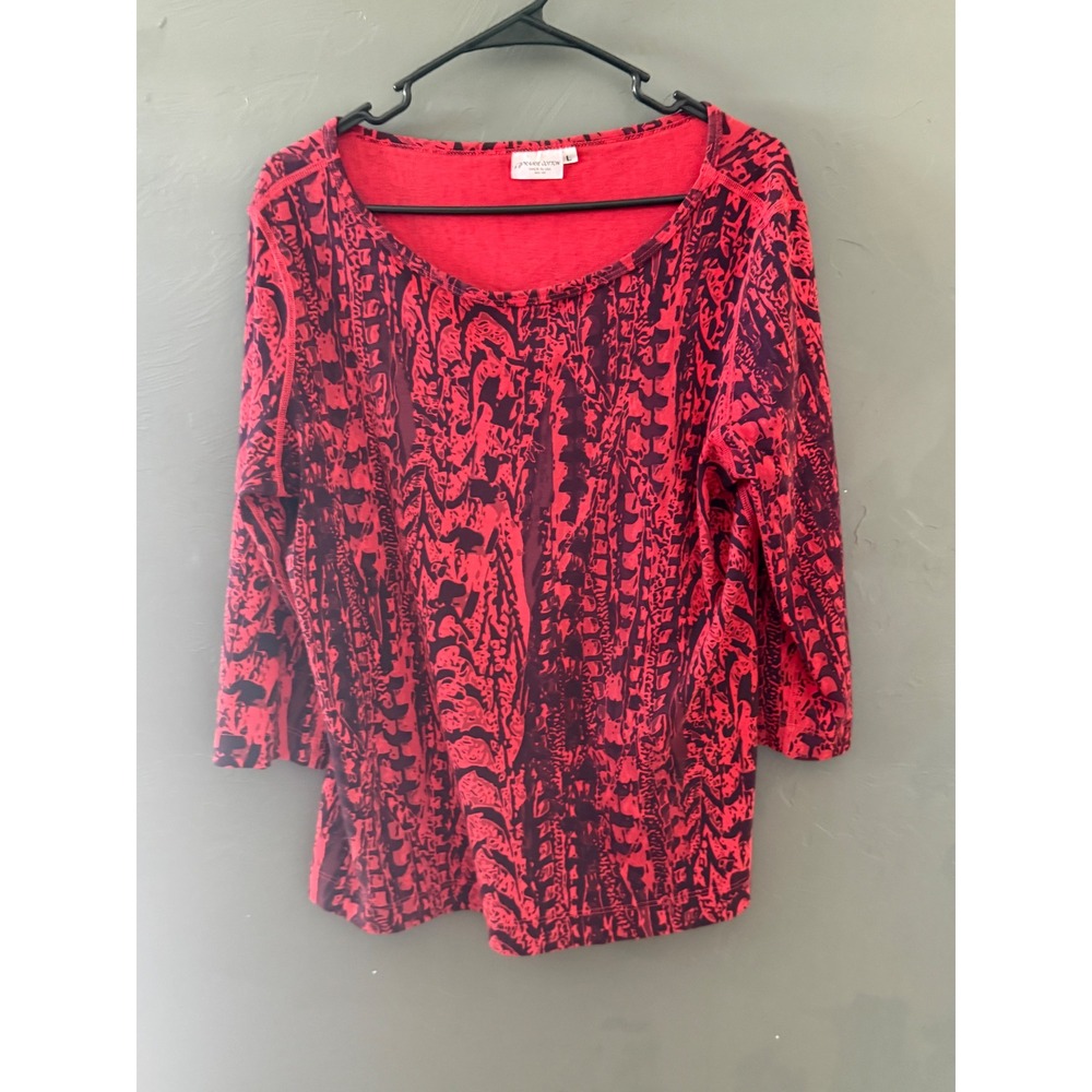 Prairie Cotton Red Purple Abstract Tribal Print 3/4 Sleeve Top Womens‎ Large USA